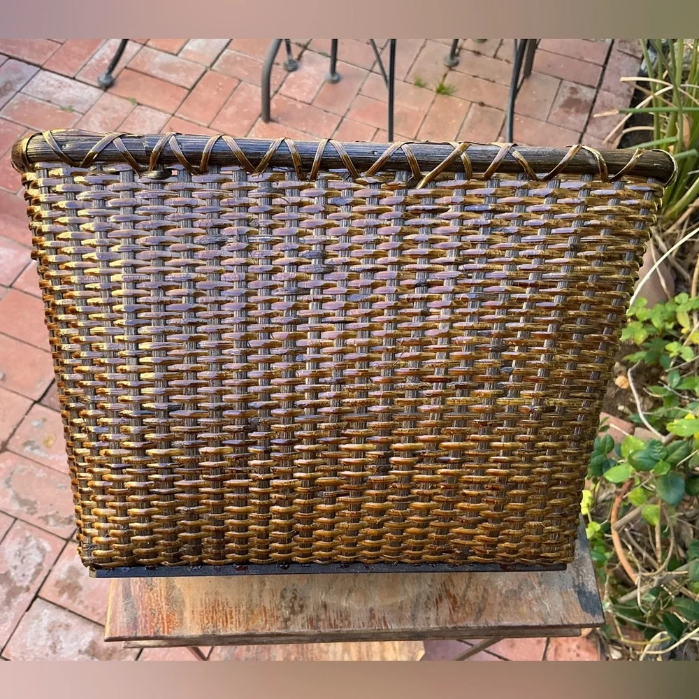 Attachable Multi-Use Dark Wicker Rattan Basket with Leather Straps (For Bike?)